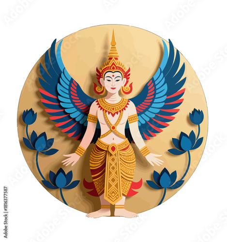 Mythical Winged Deity in Traditional Golden Attire with Lotus Flowers