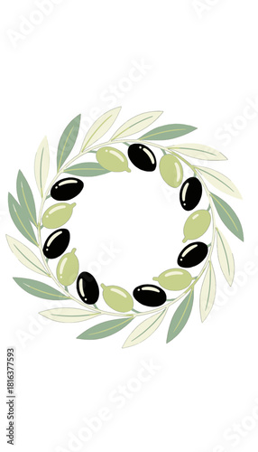 Olive Branch Wreath with Green Olives Vector Illustration