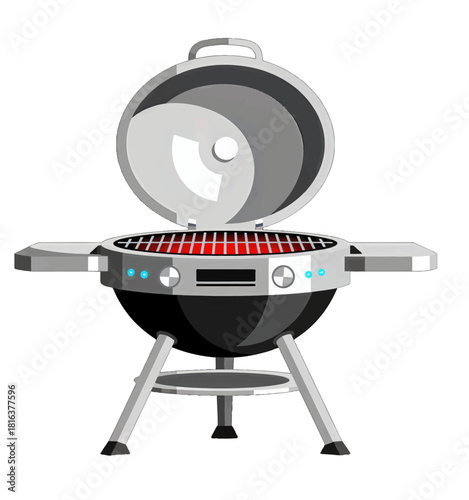 Open grill with glowing red coals and side shelves