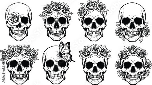 Set of human skull vector illustrations, decorated with rose flower crowns and butterfly, ideal for gothic tattoo art, Día de Muertos, and apparel graphic design
