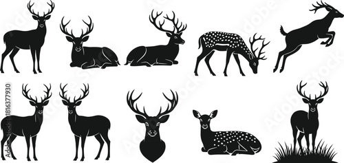 Set of majestic black deer and stag vector silhouettes, various poses with large antlers, isolated figures for hunting, forest, and nature graphic design