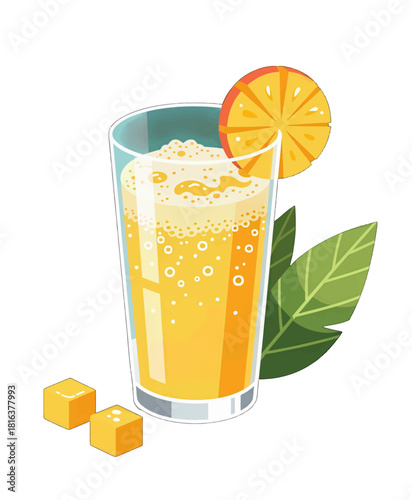 Refreshing Orange Juice with Ice Cubes and Mint Leaf