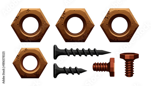 Rustic Orange Nuts and Screws Set Isolated Object