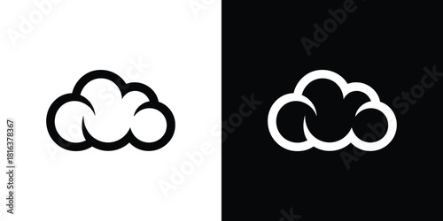 Black Outline Cloud Icon Isolated on White and White Outline Cloud on Black