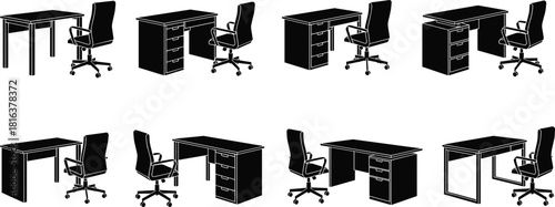 Set of office furniture vector silhouettes, isolated black desks and swivel chairs, various angles for corporate interior layout, planning, and business graphics
