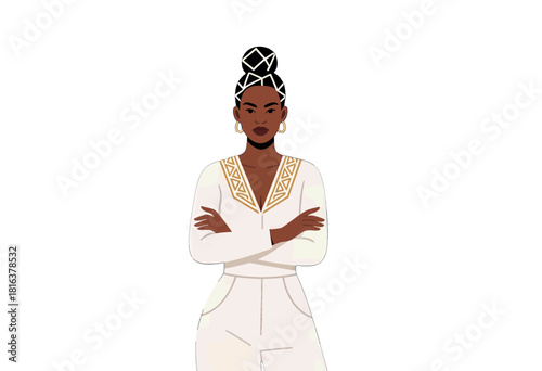 Stylish Black Woman with Crossed Arms in White Dress