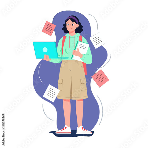 Student Holding Laptop and Papers in Casual Clothing