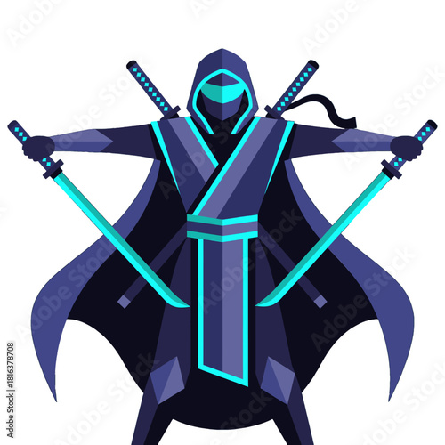 Stylized Ninja with Crossed Swords in Dark Blue and Neon Light Design