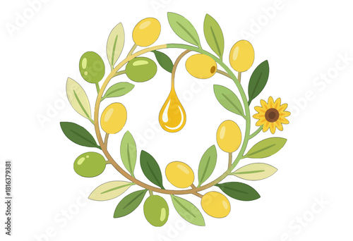 Vibrant Wreath of Olives and Sunflower with Golden Oil Drop