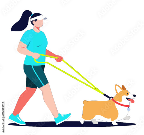 Woman Walking a Corgi on a Leash