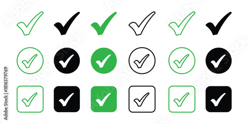 Vector Check Mark Icon Set - Green and Black Tick Symbols for Approval, Validation, Completion, and Confirmation in Various Styles