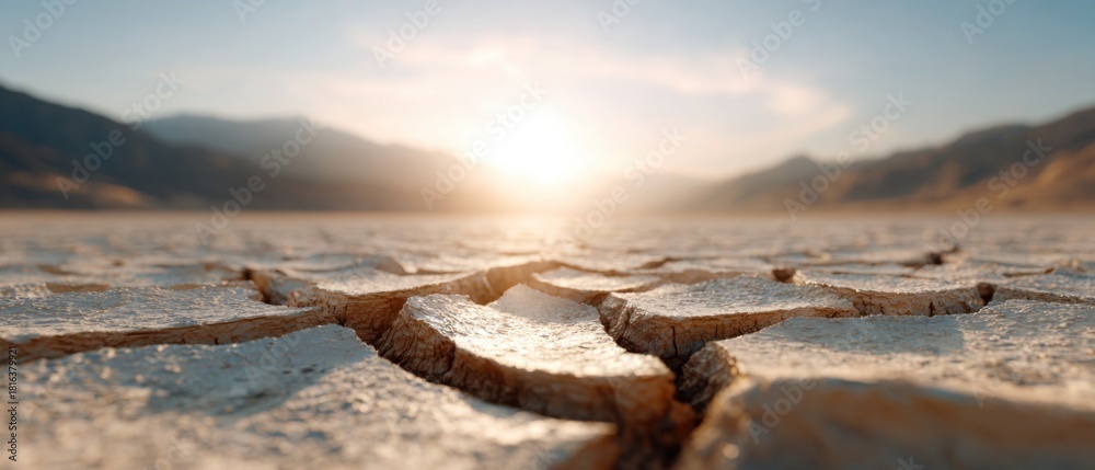 Obraz premium Parched Earth's Solitude: A desolate landscape unfolds as the sun sets, casting long shadows across cracked earth. A testament to nature's raw power.
