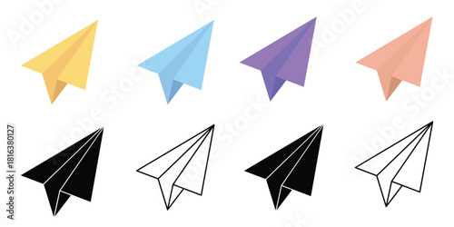 Paper Airplane Vector Icon Set - Send Message, Travel, and Start-up Symbol Collection in Flat Gradient and Line Art