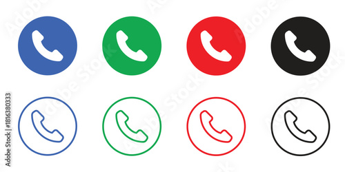 Telephone Receiver Call Icon Set - Contact, Support, and Communication Symbols in Flat and Outline Vector Styles