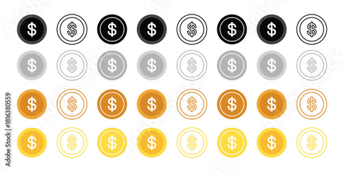Vector Set of Dollar Coin Icons - Gold, Black, and Grayscale Currency Symbols for Payment, Finance, and Money Concepts