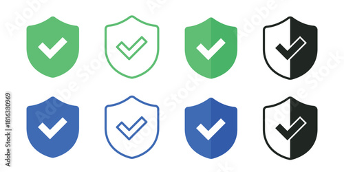 Verified Protection Shield Icon Set Vector, Cyber Security Approved Guard Symbol, Data Safety Defense Graphic