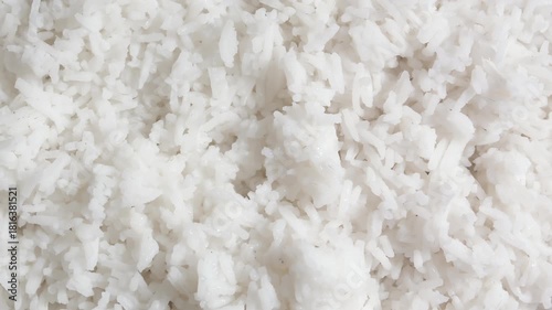Wooden chopsticks holding sticky cooked white rice above pile of fluffy grains in top view