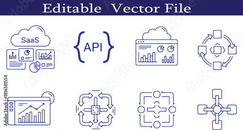 Modern SaaS and API Integration Concepts in Editable Vector Format for Business Presentation and Software Development Illustrations Featuring Cloud Technology and Data Analytics Visualizations