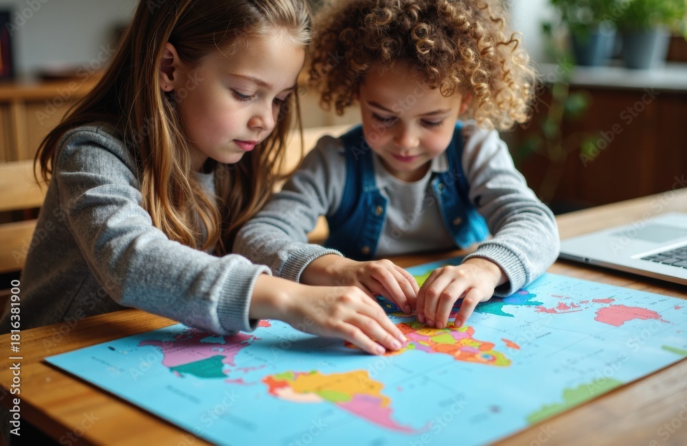 Fototapeta premium Girl studies a colorful world map with a friend during geography activity