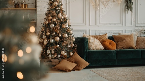 Aesthetic close-up of Christmas tree with white lights, gold and silver ornaments in room corner, beige walls, green sofa and brown pillows on floor against white background.