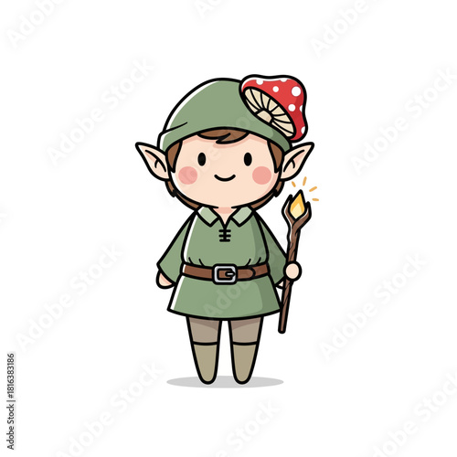 Charming cartoon elf with mushroom hat holding glowing staff, perfect for fairy tales and children's illustrations, bringing magical fantasy to life