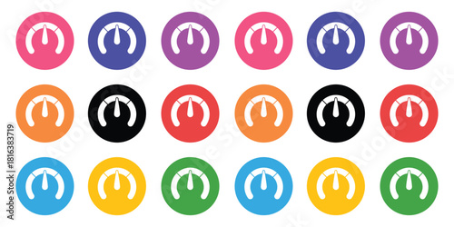 Colorful Speedometer Gauge Icon Set Vector, Circular Performance Meter Symbol Collection, Loading Progress Graphic