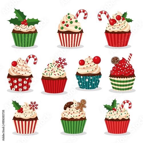 Delightful Christmas cupcakes with festive decorations bring holiday cheer to your designs, perfect for baking blogs, party invites, and seasonal promotions