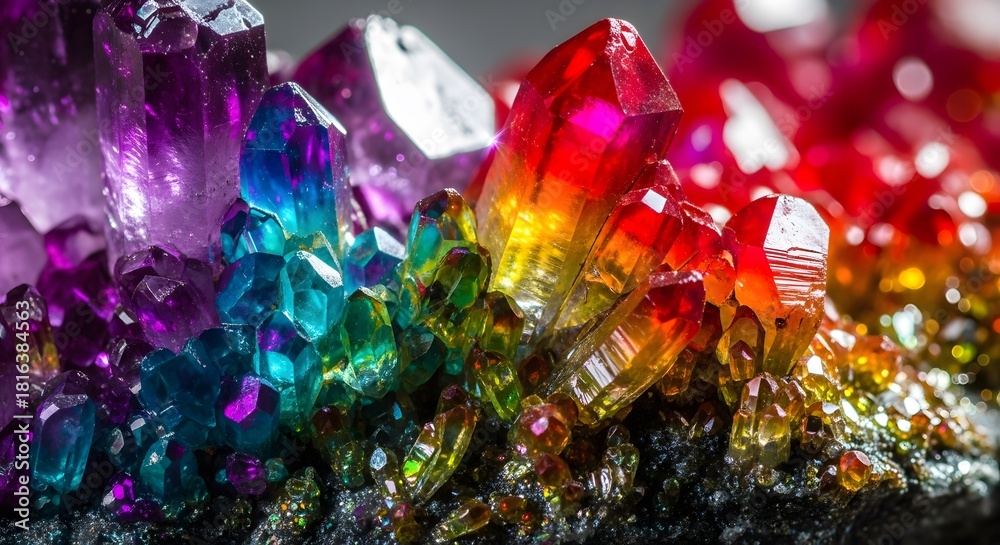 Obraz premium Abstract macro photography of a multi-colored mineral with shimmering crystal facets in a rainbow spectrum