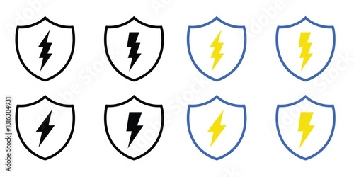 Lightning Bolt Shield Icon Vector Set, Cyber Security Protection and Electric Power Symbol, Defense Logo Graphic