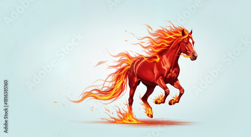 Fiery red horse running with passion on a light blue background - concept
