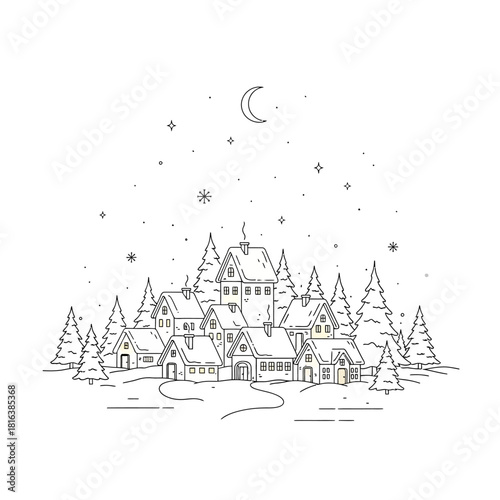 Whimsical winter village with snow-covered houses and towering pines under a starry moonlit sky, perfect for holiday cards and seasonal promotions