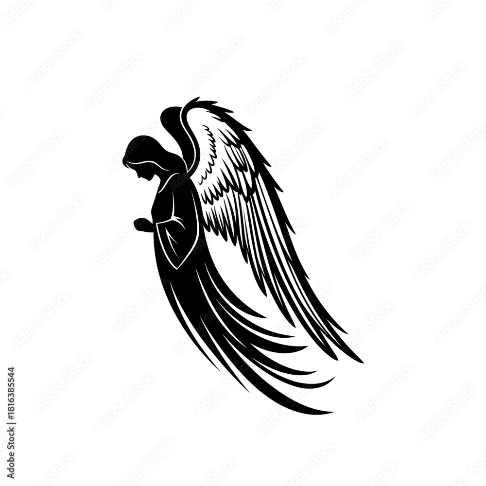 Naklejka premium Elegant angel silhouette with flowing wings for memorials, spiritual projects, or faith based designs, perfect for conveying peace, hope, and remembrance