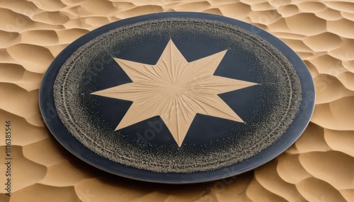 Fototapeta Naklejka Na Ścianę i Meble -  Eight-Pointed Star Symbol on a Dark Round Badge Resting on Rolling Sand Dunes, Desert Motif