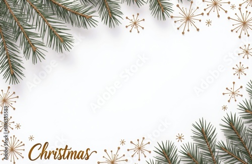 Christmas border with pine branches and gold accents leaving central space