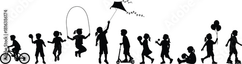 children, silhouette, play, outdoor, activity, motion, black, white, fun, energy, sport, biking, running, skating, scooter, balloon, sitting, jumping, interaction, development