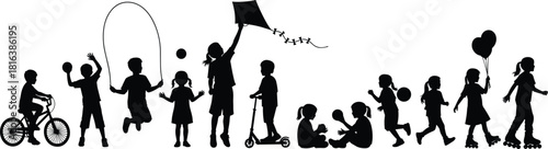 children, silhouette, play, outdoor, activity, motion, black, white, fun, energy, sport, biking, running, skating, scooter, balloon, sitting, jumping, interaction, development