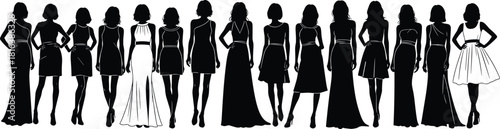 fashion, silhouette, women, dress, style, black, white, elegant, formal, gown, design, model, lineup, chic, clothing, beauty, variation, illustration, standing, trend