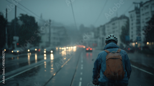 Wallpaper Mural A lone cyclist, wearing a helmet and backpack, rides away through a wet city street. Headlights blur in the distance, reflecting off the rain-slicked pavement. It's a somber, moody scene Torontodigital.ca