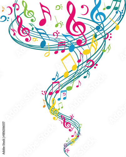 music, notes, clef, staff, swirl, colorful, abstract, vibrant, background, melody, rhythm, harmony, sound, artistic, dynamic, spiral, composition, design, expression, illustration