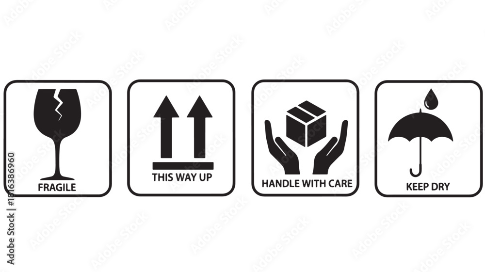 © Moinul - a collection of four black shipping symbols depicting fragile this way up handle with care and keep dry on transparent background silhouette