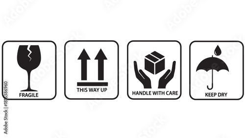 a collection of four black shipping symbols depicting fragile this way up handle with care and keep dry on transparent background silhouette