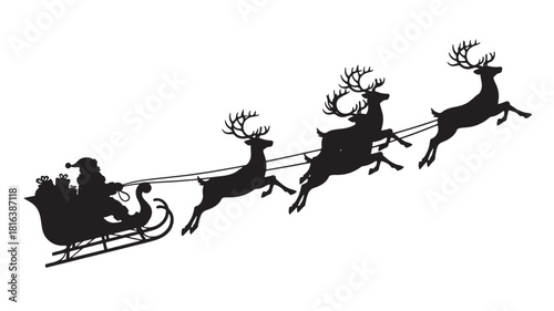 a striking black silhouette of santa claus riding in his sleigh pulled by reindeer on transparent background high quality professional detailed modern