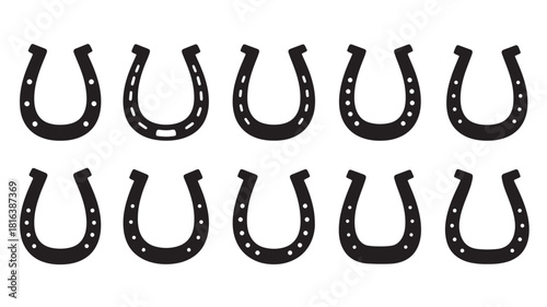 a collection of nine black horse shoe shapes arranged in a grid pattern perfect for crafting and design on transparent background silhouette