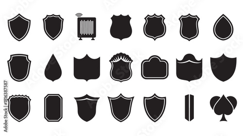a collection of various black shield and emblem shapes with a vintage radio all presented as a striking silhouette on transparent background