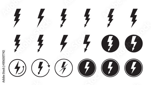 a collection of various black lightning bolt icons and circular badges with lightning perfect for designs on transparent background silhouette high quality