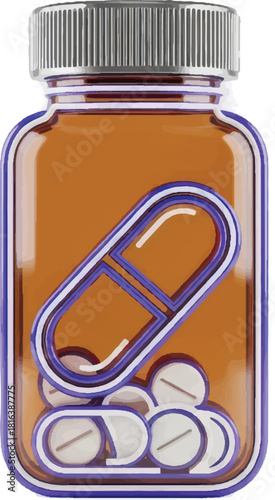 Pill bottle with large capsule and small pills inside.