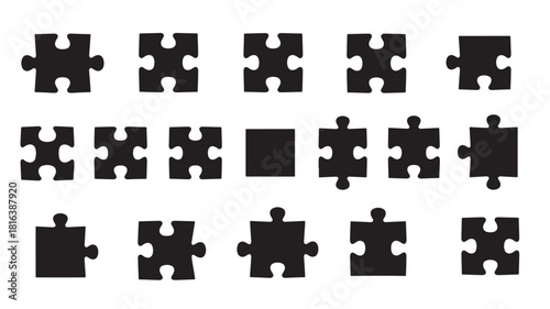a collection of black puzzle pieces in various shapes and sizes arranged randomly on transparent background silhouette high quality professional detailed modern