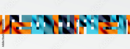 Abstract colorful blocks form text. Orange, blue hues dominate composition. Minimalist design, simple geometry present.