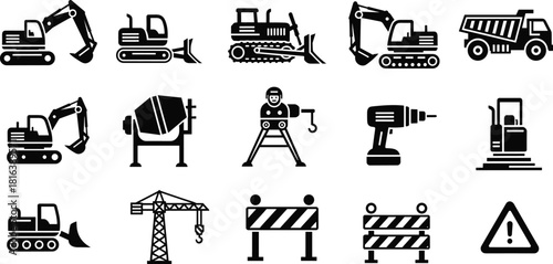 Construction and site safety icon set, featuring excavator, dump truck, bulldozer, crane, cement mixer, power drill, barrier, and warning sign silhouette vectors.
