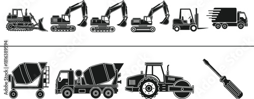 Construction and transport machinery icon set, featuring excavator, bulldozer, cement mixer, forklift, road roller, delivery truck, and screwdriver silhouette vector graphics.